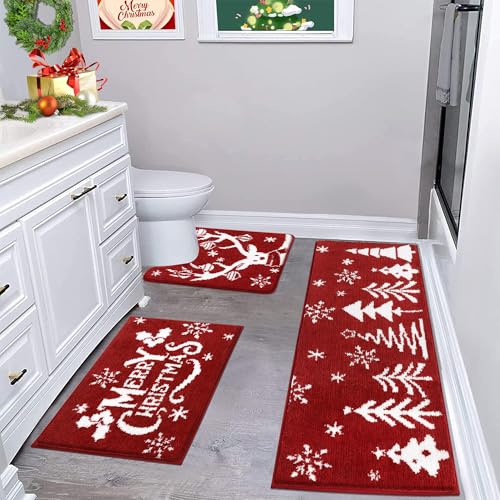 Enyhom Christmas Tree Bath Mat Sets 3 Piece, Non Slip Washable Winter Bathroom Mat and Pedestal Mat for Toilet Soft Water Absorbent Bath Toilet Rug Floor Shower Rug, Red