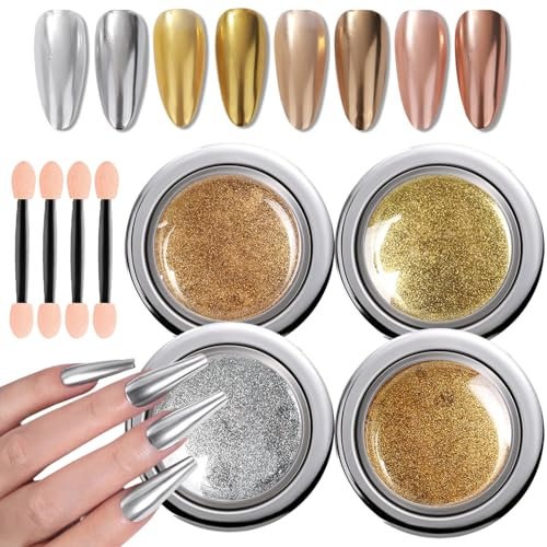 GZMAYUEN Chrome Nail Powder Gold Silver Champagne Copper, 4 Colors Mirror Effect Metallic Chrome Powder for Nails Metallic Nail Powder for Women Girls