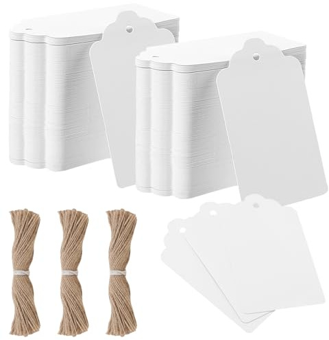 JIAYUET 200 st vita tomma presentetiketter med sträng, vita prislappar för klädinpackning gör-det-själv-hantverk, 7 x 4 cm