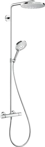 hansgrohe Raindance S – vattenbesparande duschsystem (EcoSmart) med termostat, regndusch (240 mm) med kran, handdusch (3 stråltyper), slang, duschstång och huvuddusch, krom, 28823000
