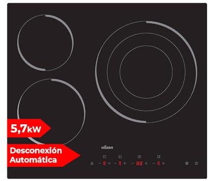Nilson Placa Vitrocerámica Cristal Negro NV3600. Potencia máx. 5700 W, 3 Zonas de Cocción, 9 Niveles de Cocción, Control Táctil, Bloqueo y Autodesconexión de Seguridad, Diámetros 16-20-30 cm