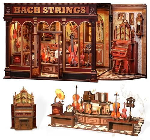 CUTEBEE Book Nook Kit - Casa delle Bambole a Tema Musica Classica, Casa in Miniatura Vintage con Luci LED, Decorazione per Libreria, (Bach Strings)