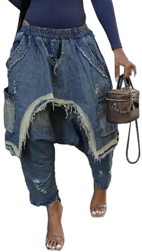 VJMVJM Womens Baggy Harem Jeans Hippie Patchwork Cargo Denim Pants Casual Elastic Waist Wide Leg Jogger Trousers Blue