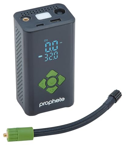 Prophete Bomba eléctrica con batería – Bomba de Aire compacta para neumáticos de Bicicleta, Pelotas y colchones de Aire – Batería de 4000 mAh, presión máxima de 8,3 Bares, luz LED y función de Banco