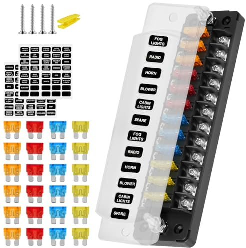 Flintronic Scatola Fusibili 12 Vie, Portafusibili Lama Atc/Ato, 24 Fusibili, Con Indicatore Led E Impermeabile Coperchio Di Protezione, Per Auto, Barca, Furgone, Suv, Moto- Rettangolo * Stile A