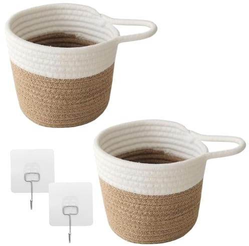2 cestas colgantes, cestas de pared trenzadas de algodón de 15 x 16 cm con 2 ganchos, cesta de pared colgante, cesta de almacenamiento trenzada, cesta colgante para cocina, salón, baño (blanco/marrón)