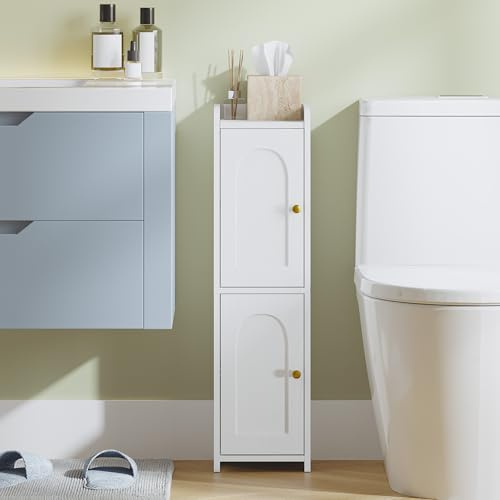Hzuaneri Bathroom Storage Cabinet, Slim Bathroom Floor Cabinets with Door and Adjustable Shelf, Freestanding Corner Storage Unit, Narrow Toilet Paper Cabinet for Small Spaces, White, BC49913X
