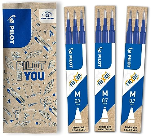 Pilot, 3 set da 3 Ricariche per penna cancellabile Frixion Ball e Frixion Ball Clicker, Refill Frixion, Colore Blu, Punta Media