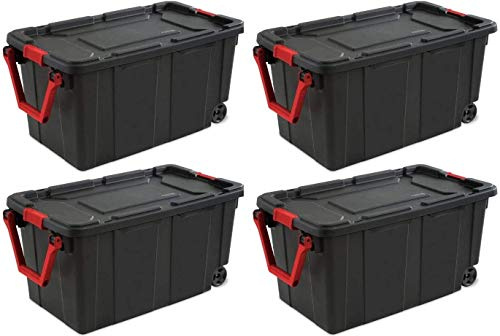 Sterilite 14699002 40 Gallon/151 Liter Wheeled Industrial Tote, Black Lid & Base w/Racer Red Handle & Latches, 4-Pack