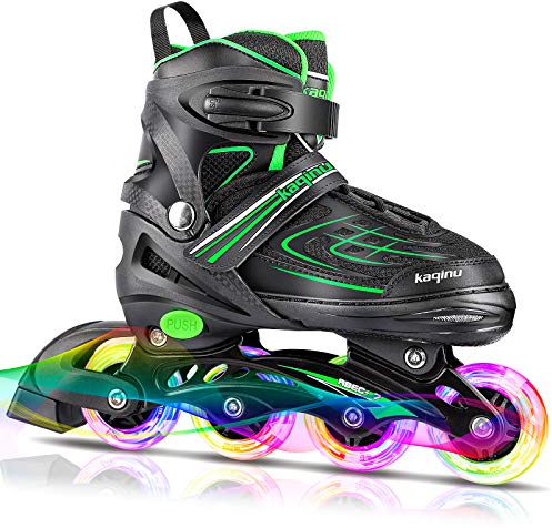 KAQINU Adjustable Inline Skates, Outdoor Inline Skates Roller with Full Illuminating Wheels for Women, Kids, Girls and Boys (Green, L)