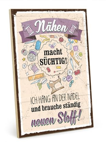TypeStoff Holzschild mit Spruch – Nähen – Schild Vintage-Look mit Zitat als Geschenk und Dekoration zum Thema Nähzeug, Nadel und Faden - HS-01028