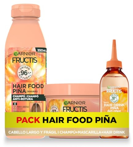 Garnier Fructis Pack Champú + Tratamiento Hair Drink + Mascarilla para Pelo Largo y Frágil, con Piña Anti-Rotura, Limpia, Desenreda y Nutre, Set de 3 Productos Veganos y Sin Siliconas