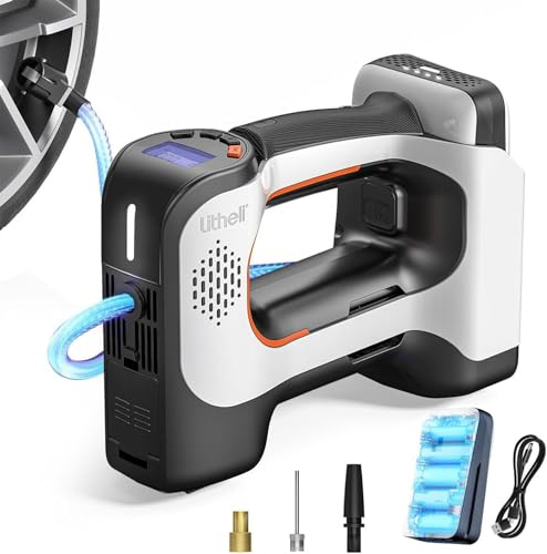Litheli Elektrische Luftpumpe - Tragbarer Akku-Kompressor mit 10000mAh Akku, Digitalanzeige & LED-Licht - Für Auto, Motorrad, Fahrrad & Bälle - Max. 10,3 bar