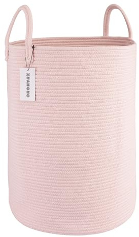 XUANGUO Cotton Rope Laundry Basket Hamper for Clothes Woven Storage Basket for Living Room Bedroom Boho Tall Rope Baskets for Blanket Toys Pillow Towels Baby Nursery Hamper Bin Large light pink