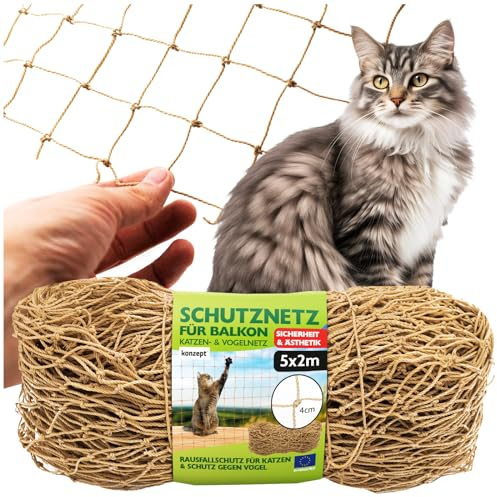 KONZEPT Katzennetz in Beige 5x2m - Strapazierfähiger Balkonschutz und Fensterschutz für Katzen, Verschiedene Größen, Ideal für Balkon, Fenster, Freigehege