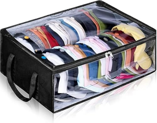 MISSLO Hat Storage Box with Lid, Large Hat Organizer Holds up to 40 Baseball Caps, Wide Hats Boxes for Closet Foldable Cap Holder Bag, Black