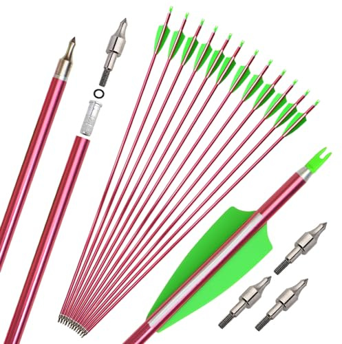 surwolf 30 flèches en Aluminium de tir à l'arc Spine 500 flèches de Chasse avec Pointes de flèche Amovibles pour Arc Classique et Arc à poulies 6 et 12 pcs (Rouge, 6)