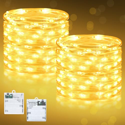Dalugo - Catena luminosa a 5 modalità, 5 m, 50 LED, con timer, 2 pezzi, luce bianca calda, per interni, per Natale, camera da letto, feste, matrimoni