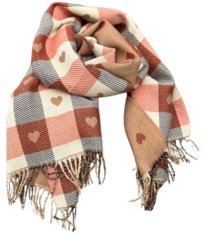 Seaside No.64 - XXL Wendeschal Herzenssache - kuschelig weiches Halstuch mit Herzen und Fransen - in braun & beige kombiniert mit kariertem & gestreiften Muster für Herbst, Winter, Frühling (orange)