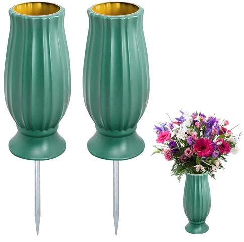 Lot de 2 vases funéraires en plastique avec piquet de terre - Pour cimetière - Résistant au gel - Avec pointes en métal - Pour la réception de bouquets de fleurs - Vert