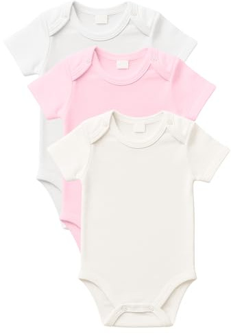 rise&Raba Baby Bodysuit 3 Pcs | 100% Organic Cotton Half Sleeve Comfortable Button Baby Vests for Boys and Girls | Cute,Cosy, Soft 0-4 Years Unisex Onesies (White-Ecru-Pink, 9-12 Month)