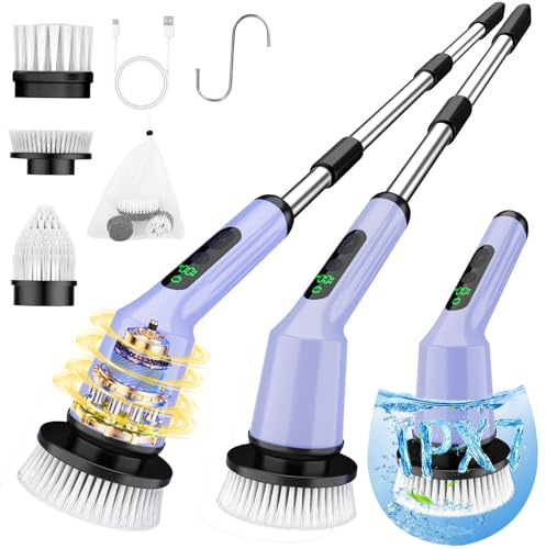 Electric Spin Scrubber for Cleaning Bathroom, Shower Scrubber Cordless Cleaning Brush with IPX7 Waterproof & 2 Speed, 3 Brush Heads, Bathroom Cleaning Supplies for Shower Tub Tile Toilet Purple