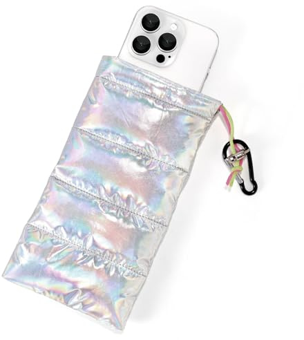 Lyreh Custodia Termica Telefono, 19x10,5cm Custodia Termica Cellulare in Cotone Piumino con Coulisse e Moschettone per Protezione Surriscaldamento e Congelamento(Argento Iridescente)