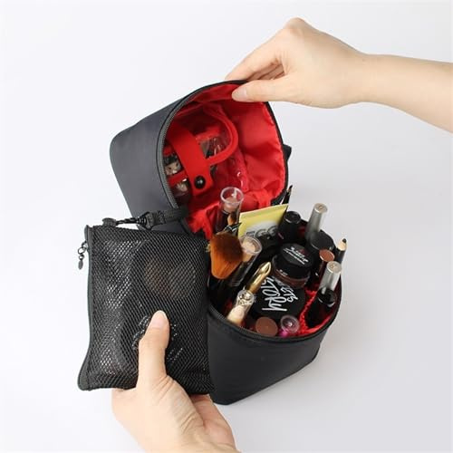 WEOKDFHA Trousse per Cosmetici 1 Borsa da Viaggio for Trucco da Donna con Cerniera, Borsa cosmetica Solida, Cilindro, pennelli for Trucco, Organizer da toeletta, Kit for Il Trucco(Black Red)