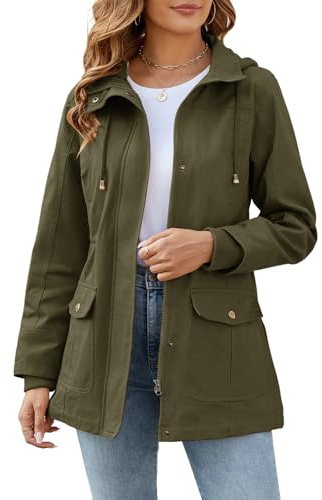 Tuopuda Chaqueta Militar Mujer Primavera Otoño Parka Entretiempo Cazadora Algodón Casual Sahariana Cintura Alta Cordón Zip Capucha Multibolsillos Aviador Abrigos Chaquetas Verano, verde militar, XXL