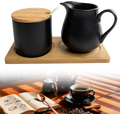 Set per latte e zucchero, set di latte e zucchero, con coperchio e cucchiaio, zuccheriera con coperchio, set per la colazione, zucchero e latte, adatto per casa, ristorante (nero)