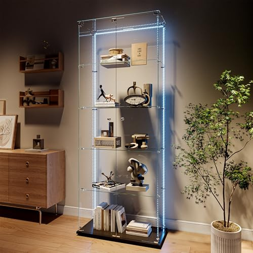KSFASHZ Vetrine di Vetro a 5 Ripiani, 2 Porta, Vetrina Soggiorno con LED e Serratura, Vetrinetta Espositiva a ColonnaVetrina in Vetro da Esposizione, Adatto per soggiorno, camera da letto, bar