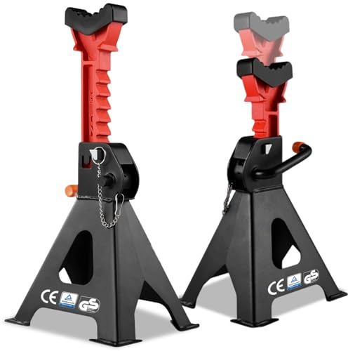Warmfay Set di 2 cavalletti di sostegno 3T per auto con piastra di sicurezza e cuscinetti in gomma, 275 – 430 mm, 10 livelli regolabili in altezza, cavalletti di sostegno, supporto professionale per