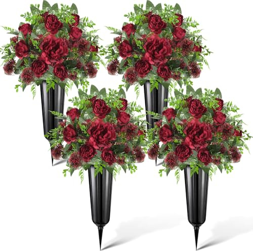 Quzzil 4 Set 8 Pcs Artificial Cemetery Flowers with Vase for Grave Artificial Peony Bouquet Memorial Funeral Gravesite Peony Flowers for Outdoor Cemetery Headstones Gravesites Lawn Yard(Burgundy)