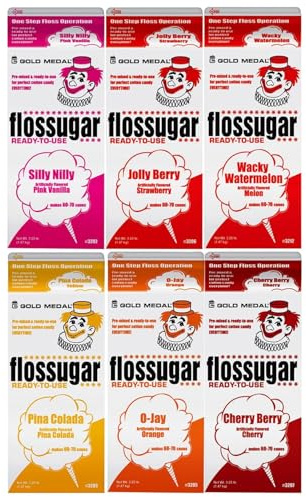 Cotton Candy Floss sugar Mix Flavors | Pack Of 6 | Silly Nilly, Strawberry, Wacky Watermelon, Pina Colada, Orange, and Cherry Berry Flavors | 1/2 Gallon Cartons