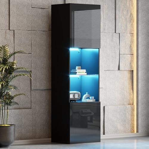 QQJIN Vitrina Blanca De Alto Brillo 45 * 35 * 160 Cm - Vitrina Con Iluminación LED, Control Remoto, Bluetooth, 16 Colores, 1 Estante De Vidrio, Protección Contra Vuelco,Negro