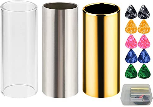 Guitar Slides Set 1 Glass Slide, 1 Stainless Steel Slide, 1 Brass and 10 Guitar Picks in Box Glass Slides for