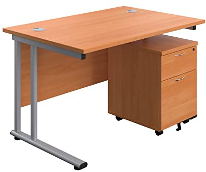 Office Hippo Professional Cantilever Office Desk With 2 Drawer Mobile Pedestal, Wood, Beech, Silver Frame, 120 x 80 x 73 cm