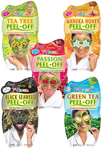 7th Heaven Face Mask Multipack – Pack of 5 Peel-Off Masks with Salicylic Acid, Vitamin C, Hyaluronic Acid, Tea Tree & Vitamin E– Cleansing, Brightening & Hydrating Skincare – Cruelty-Free Skincare