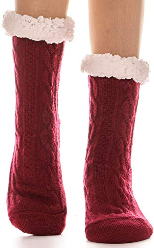 EBMORE Chaussettes Femme Chausson, Chaussettes Chaudes pour Hiver, Chaussette pilou pilou femme, Thermique Pantoufles Chaussettes Antidérapant Épaisses de Noël,Tallie UE 36-41 (Texture Rouge)