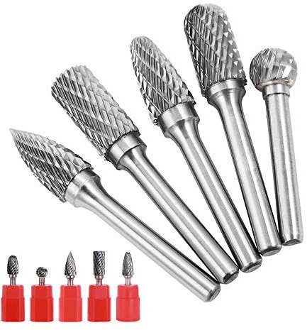 Gasea - Juego de 5 fresas de doble corte rotativo de carburo de tungsteno y tungsteno, 6,5 mm, eje cilíndrico de grabado giratorio para trabajos de madera, metal pulido, grabado, perforado