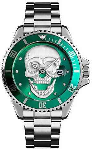 HUNRUY Orologi con teschio da uomo, quadrante 3D scheletro, corona unidirezionale, impermeabile fino a 30 m, orologi da polso al quarzo, Verde/argento., alla moda