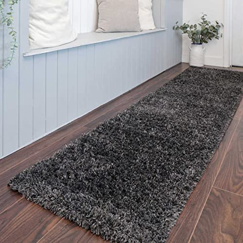 Modern Dark Grey Shaggy Shag Runner Rug Slate Charcoal Super Soft Lounge Living Room Mat Carpet Bedroom Nursery Modern Thick Area Rugs 60cm x 240cm