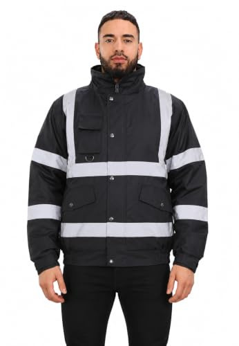 kraftd Men's Hi Vis Bomber Jacket Waterproof High Visibility Reflective Safety Workwear Coat with Pockets Concealed Hood & Fleece Lining for Construction Warehouse Outdoor & Highway Maintenance