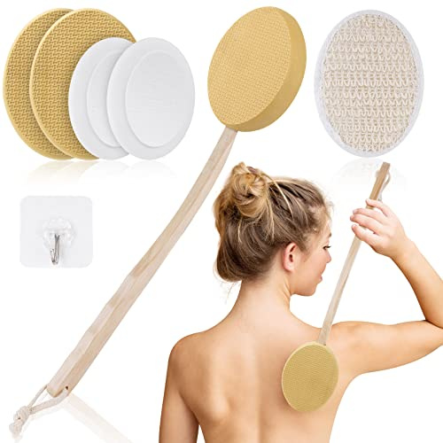 URAQT ryggkrämapplikator, lotionapplikator för rygg och kropp med 4 utbytbara borsthuvuden och 1 krok, långt handtag badborste dusch massageborste för solkrämer, krämer, fuktkrämer, kroppstvättar, salvor för rygg, ben och fötter (hudfärg)