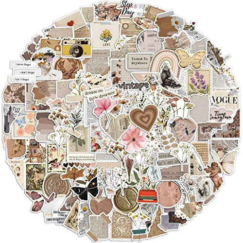 120 Vintage Ästhetik Sticker für Scrapbooking & Tagebuch – Wasserfeste PVC Aufkleber mit Retro Blumen, Zitaten, Schmetterlingen & Papier-Elementen für Bullet Journal, Basteln & Dekoration