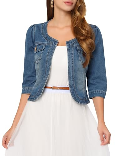Allegra K Women's Denim Cardigan 3/4 Sleeve Collarless Jean Jackets | 3/4 Sleeve, Round Neck, Patch Pockets, Cropped Length, Open Front, Casual Jean Jacket