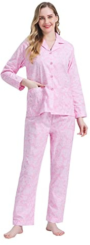Amaxer Pigiama da Donna in Due Pezzi Set Pigiama in Cotone Set da Notte da Notte a Maniche Lunghe Tuta da Notte e Pantaloni del Pigiama Set da Salotto,Le Linee Rosa,XXL