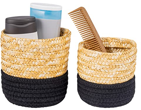 bremermann Aufbewahrungskörbe 2er Set, Baumwolle/Strohgeflecht Ø 12,5 und Ø 14,5 cm (Schwarz)