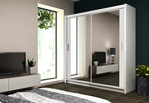Kleiderschrank Paris mit Spiegel 160 cm, Schwebetürenschrank, Garderobeschrank Schlafzimmer; Wohnzimmerschrank; Korpus Schrank Farbe: Weiss; Farbe der Schrankfront: Weiss; Mehrzweckschrank
