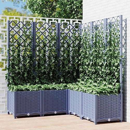 LAPOOH Pflanzkübel mit Rankgitter, Blumentopf Gross, Blumenkasten Balkon, übertopf, Pflanzkasten, Flowerpot, Kräuterbeet Für Die Küche, Vertikalbeet, Dunkelgrau 120x120x136 cm PP -at